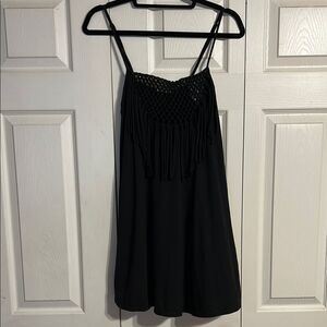 ROXY Size Medium Black Mini Dress Crochet Fringe Cover-Up Sundress Sleeveless